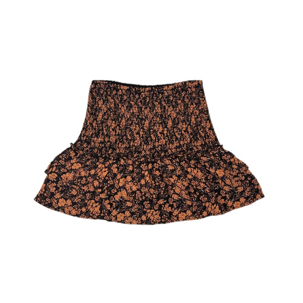 Voy Smocked Black Brown Floral Tiered Ruffle Mini Flirty Pretty Feminine Skirt